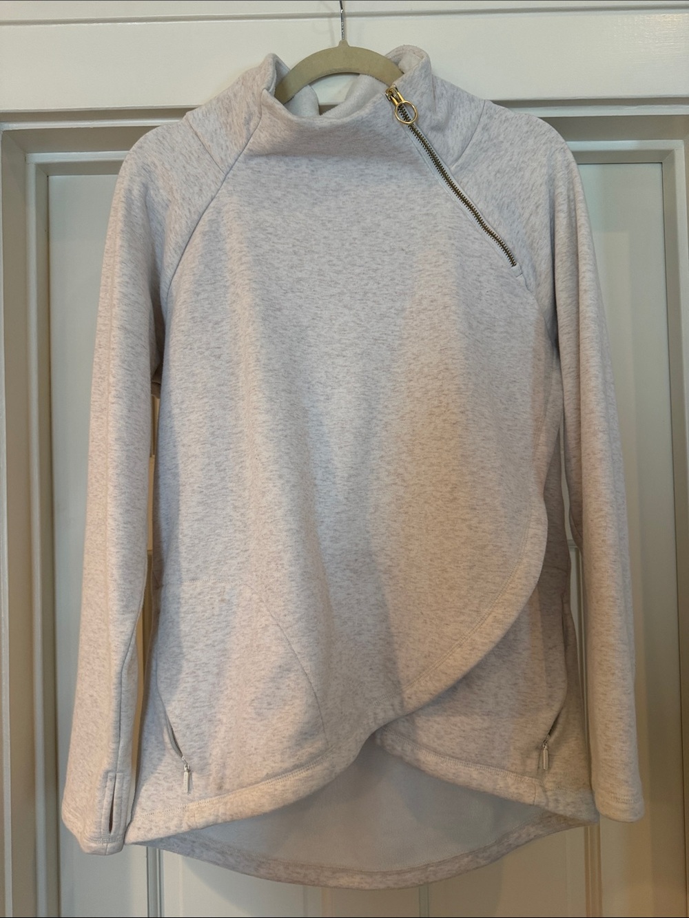 Athleta Light Gray Asymmetrical Zip Turtleneck Sweater w/ Zippered Pockets